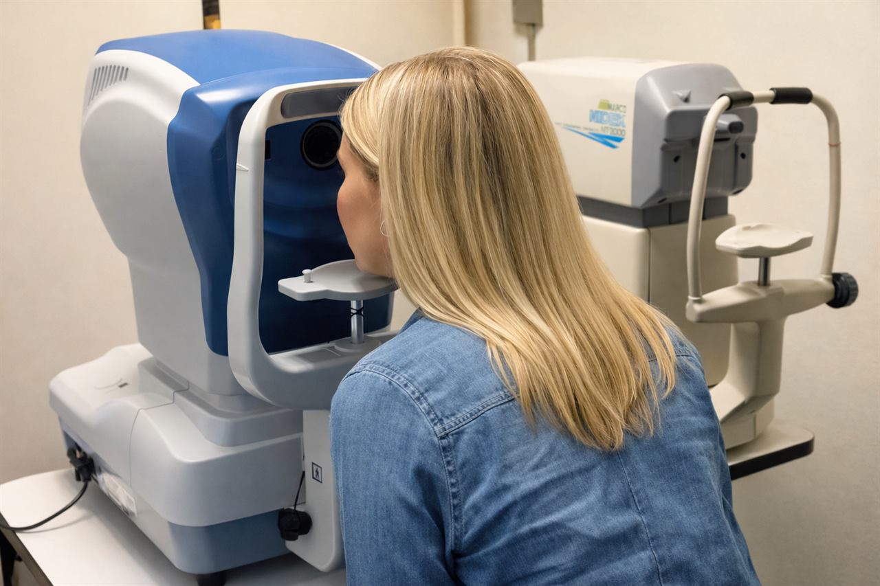 Patient using eye exam equipment
